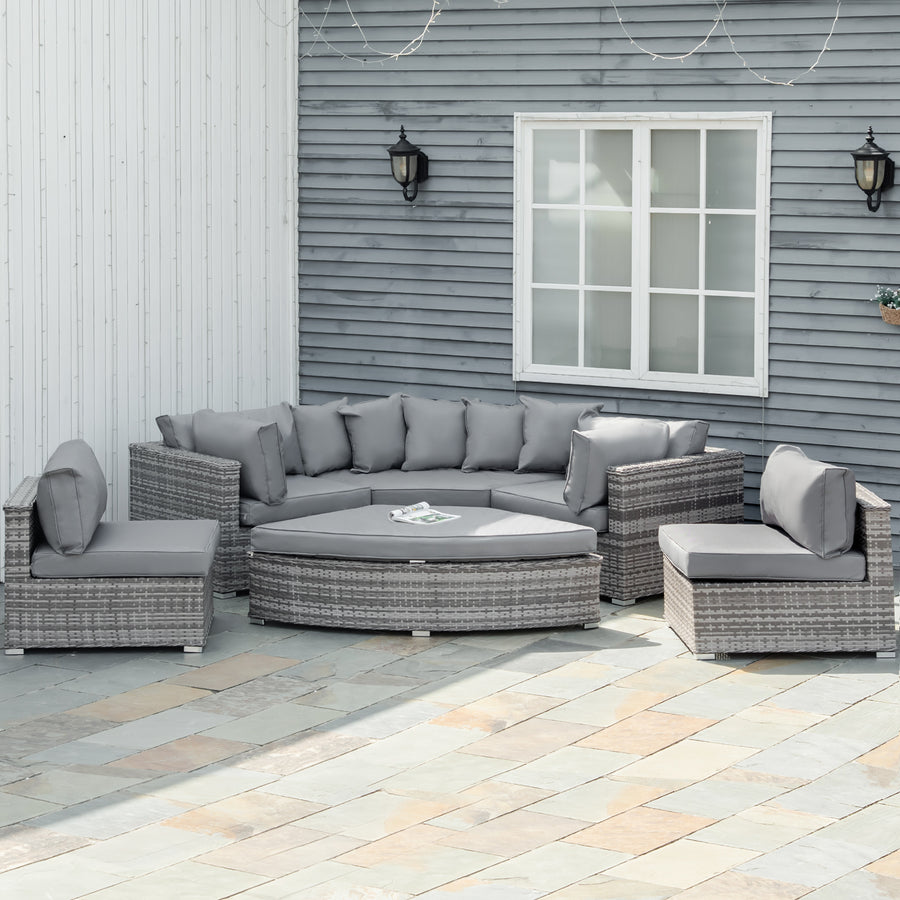 6 Pieces Outdoor PE Rattan Wicker Sofa Set with 10cm Thick Padded Cushionsand Half Round Patio Conversation Furniture Set with Angled Corner Designand Ottomansand and Back Pillows, Grey