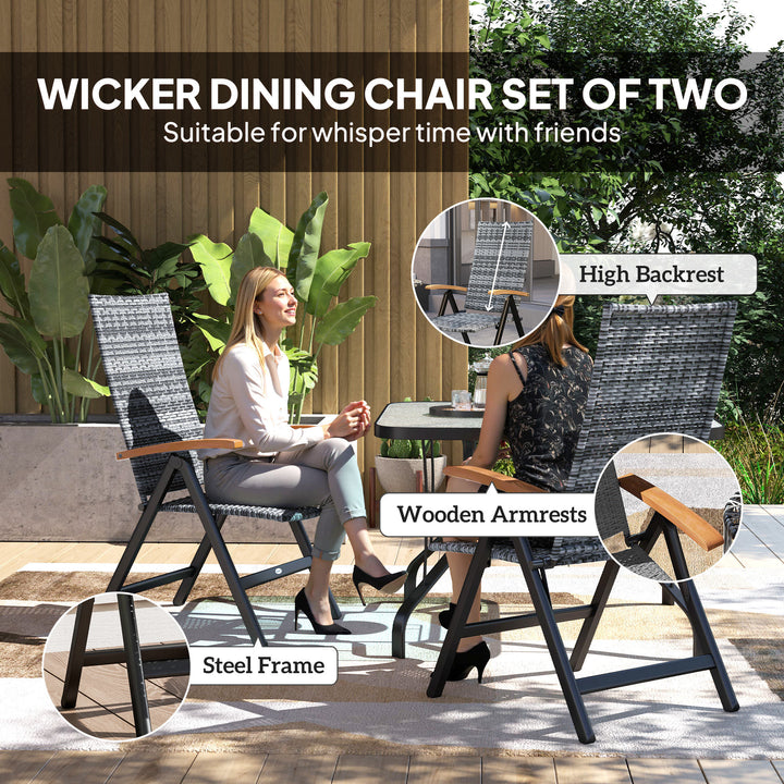 2 Pieces Folding Rattan Garden Dining Chairs with 5-level Reclining High Back, Wood Armrests for Outdoor - Light Grey