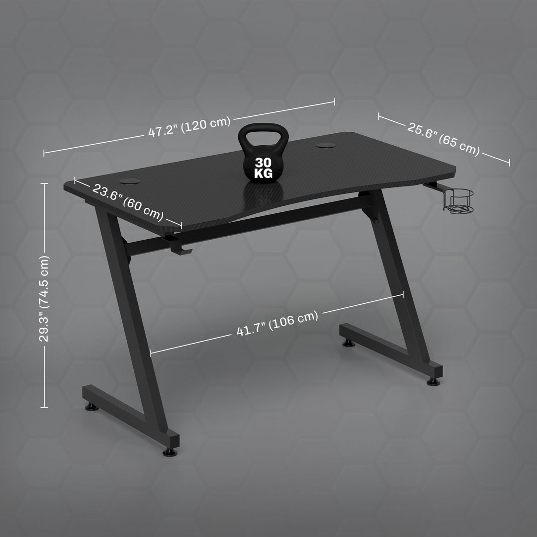 MCL Gaming Desk 120 x 65 cm Steel Frame with Cup Holder, Headphone Hook, Adjustable Feet and Cable Organiser, Home Office Computer Table, Black
