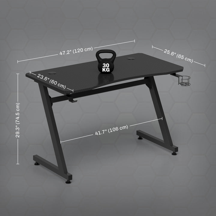 MCL Gaming Desk 120 x 65 cm Steel Frame with Cup Holder, Headphone Hook, Adjustable Feet and Cable Organiser, Home Office Computer Table, Black
