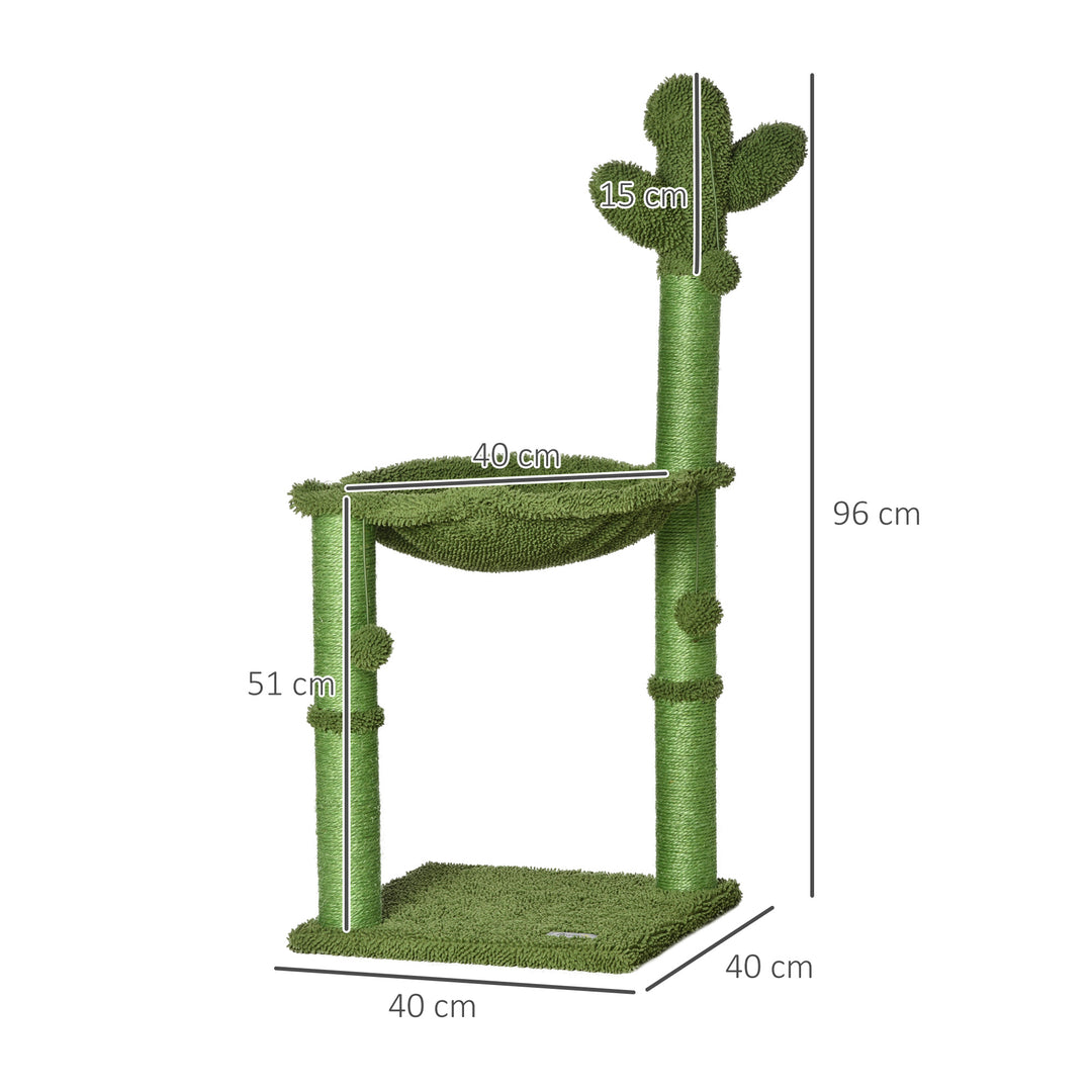 MCL Cactus Cat Tree Tower for Indoor Cats Sisal Scratching Post with Hammock Bed Dangling Ball 40 x 40 x 96 cm
