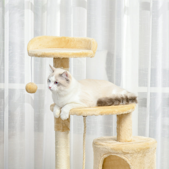 MCL Cat Tree for Indoor Cats Pet Activity Centre Kitty Condo Climbing Scratching Post with Toys 4-tier 114cm Tall Beige