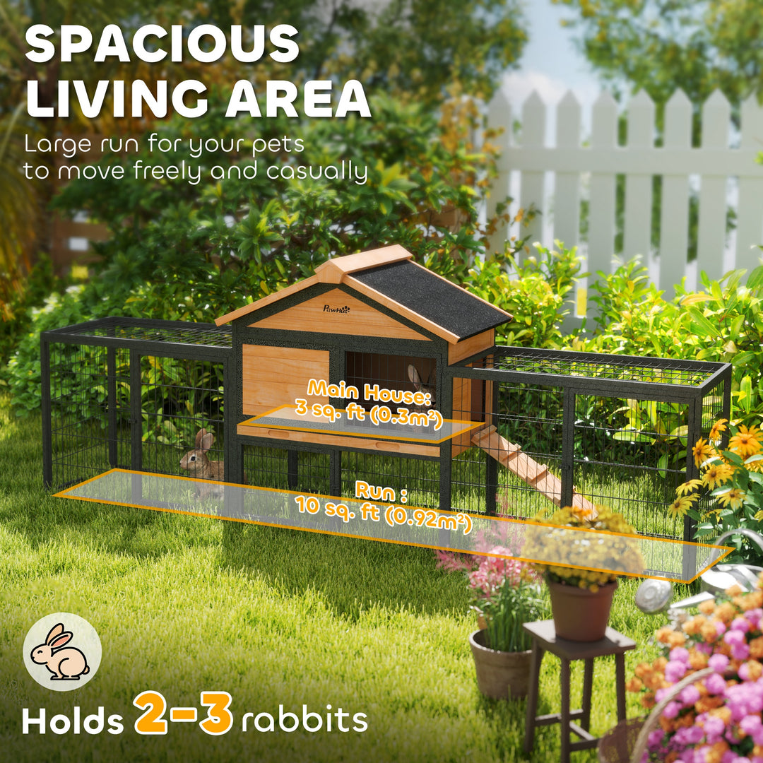 Wooden Rabbit Hutch Outdoor with Steel Run, Wooden Guinea Pig Cage with Removable Plastic Tray, Asphalt Roof, Ramp