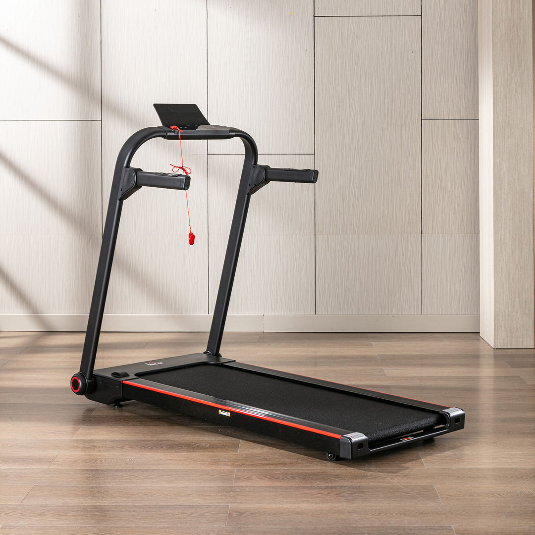 750W Folding Treadmill, 1-14km/h Electric Running Machine w/ Wheels, Safety Button, LED Monitor, Phone Holder for Home Office Jogging Fitness Exercise Workout