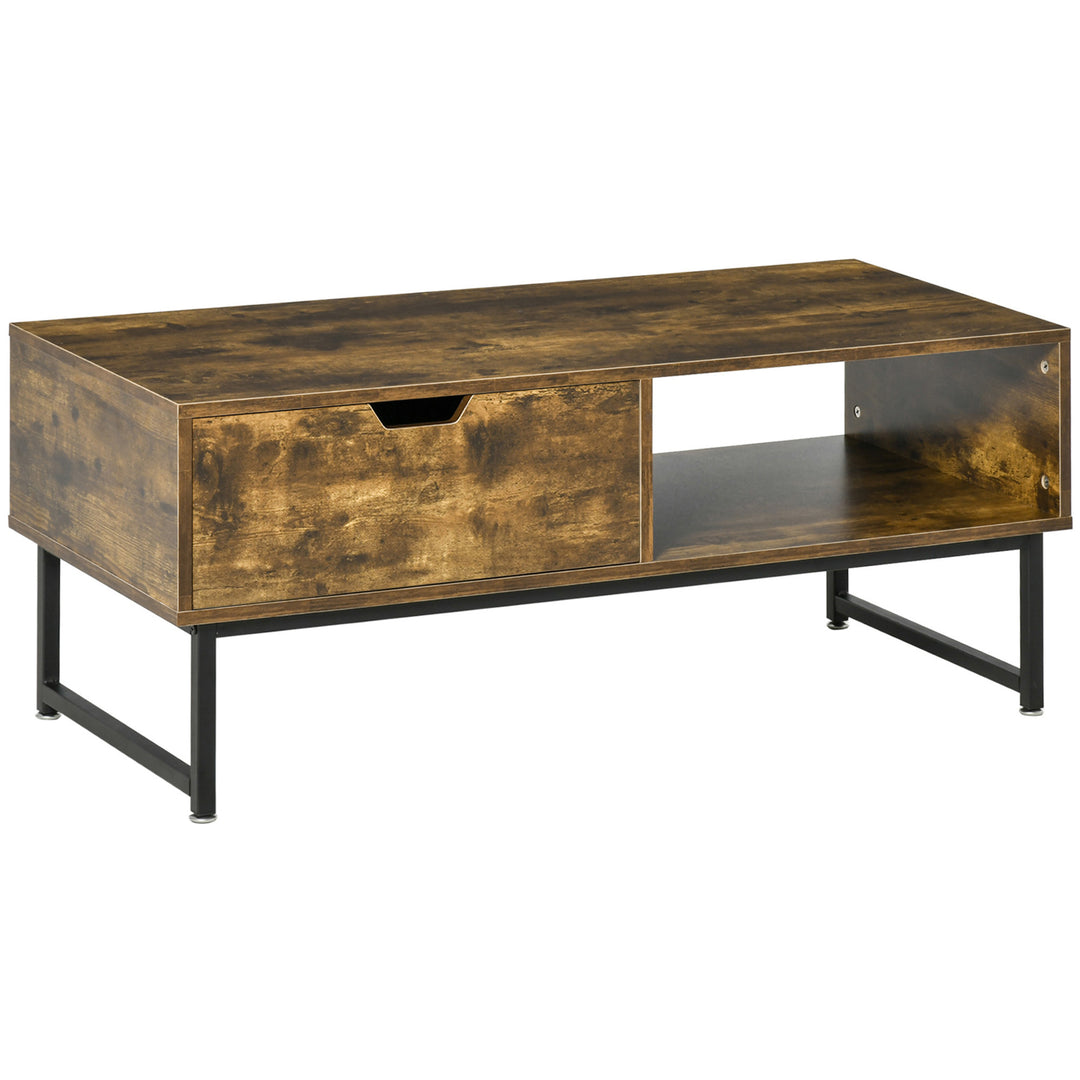 Industrial Coffee Table, Centre Table with Storage Shelf, Drawer and Metal Frame, Coffee Tables for Living Room, Office, 106W x 48D x 43H cm, Rustic Brown