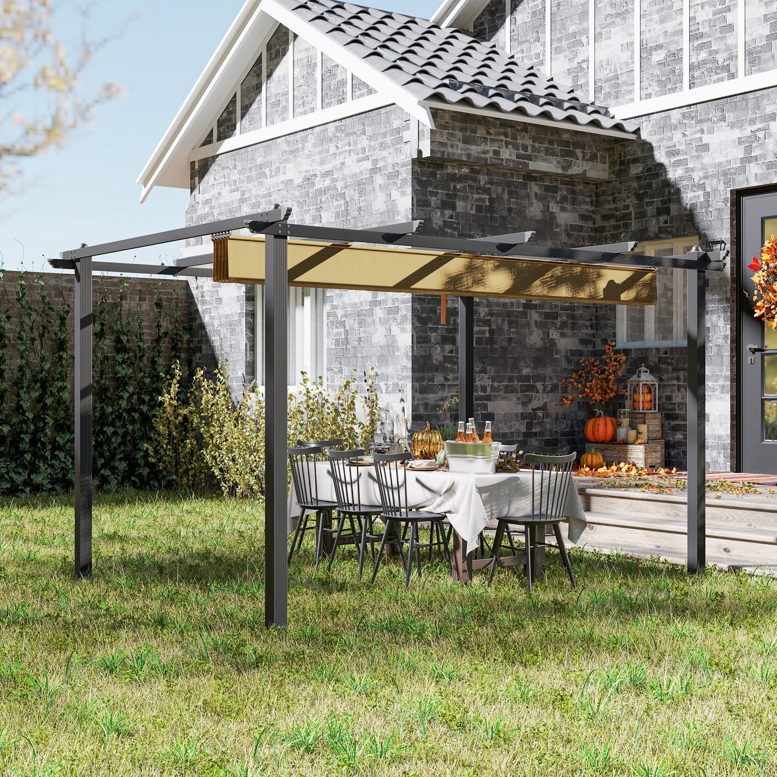 3 x 4m Aluminium Pergola, with Retractable Roof - Khaki