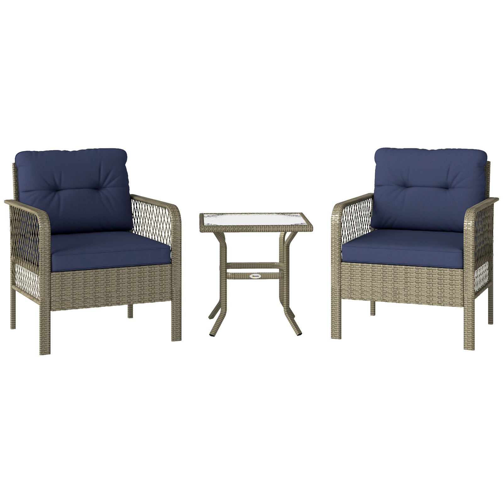 3 Pieces Rattan Bistro Set with Glass Top Coffee Table, Chairs and Cushions for Outdoor, Patio, Balcony, Charcoal Grey