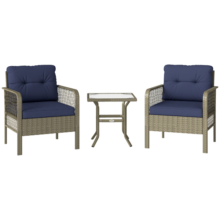 3 Pieces Rattan Bistro Set with Glass Top Coffee Table, Chairs and Cushions for Outdoor, Patio, Balcony, Charcoal Grey