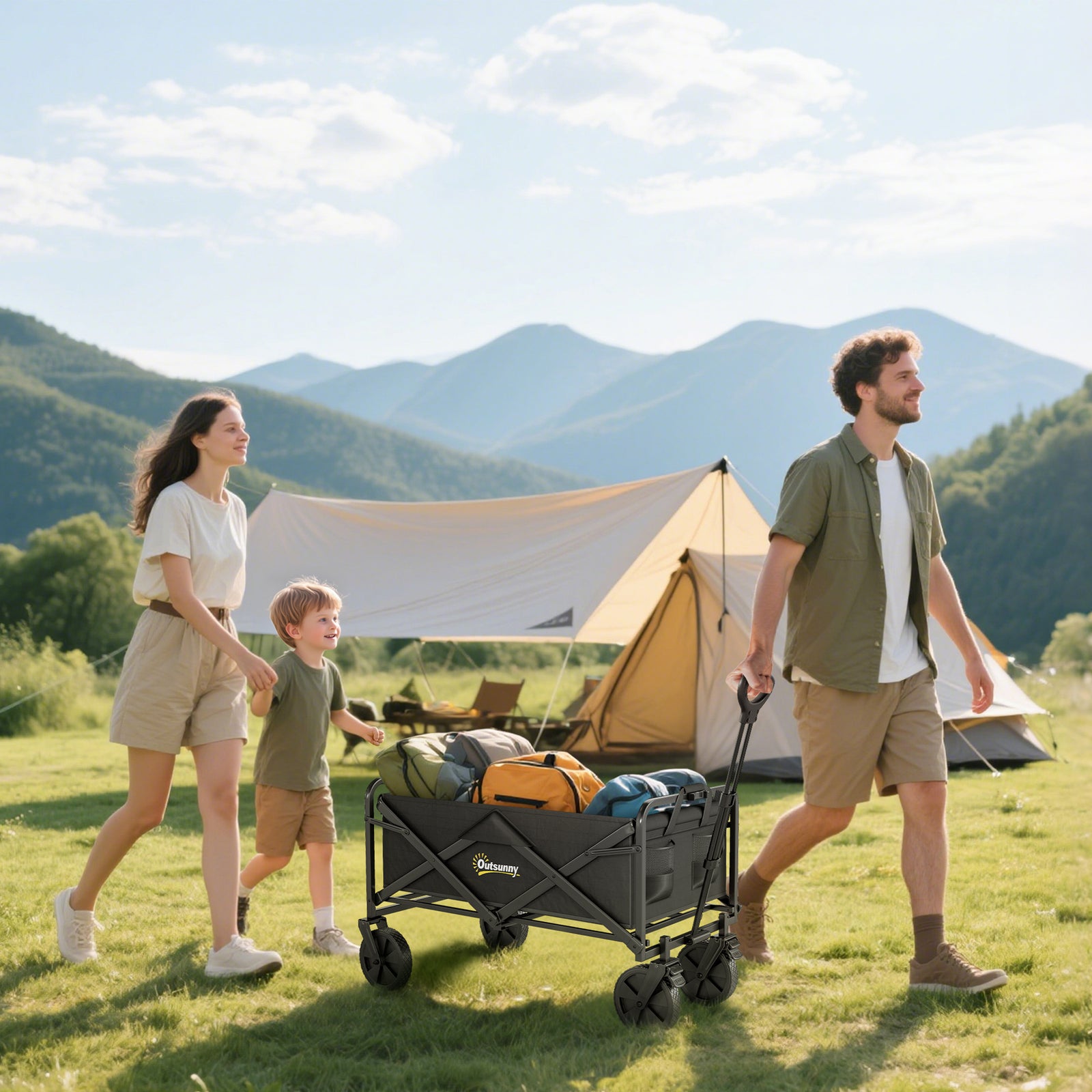 Folding Steel Frame Garden Storage Cart, with Wheels and Handle - Black