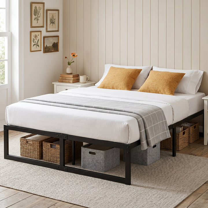 4ft6 Double Bed Frame with Underbed Storage and Steel Slat Support, 32
