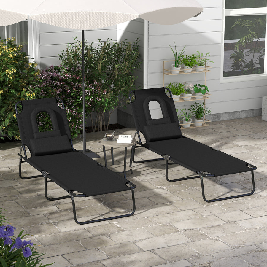 Outdoor Folding Sun Lounger Set of 2 with Face Hole, 4 Level Adjustable Backrest Reclining Garden Lounger, Garden Recliner Sunbed with 600 D Oxford Cloth Seat and Pillow for Beach, Black