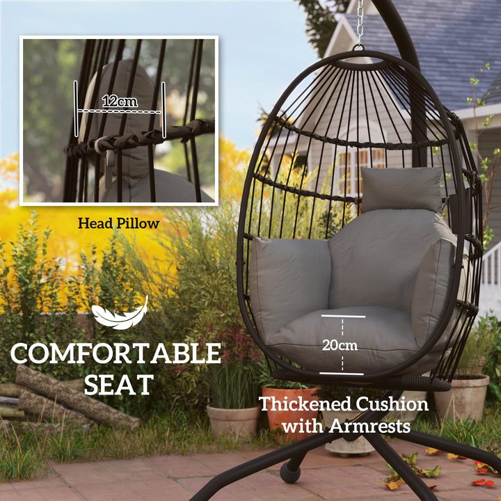 Hanging Egg Chair Outdoor Indoor Garden Swing Chair with Folding Basket and Thickened Cushion, Garden Hanging Chair with Stand, Headrest, Cup Holder for Patio, Balcony, Dark Grey