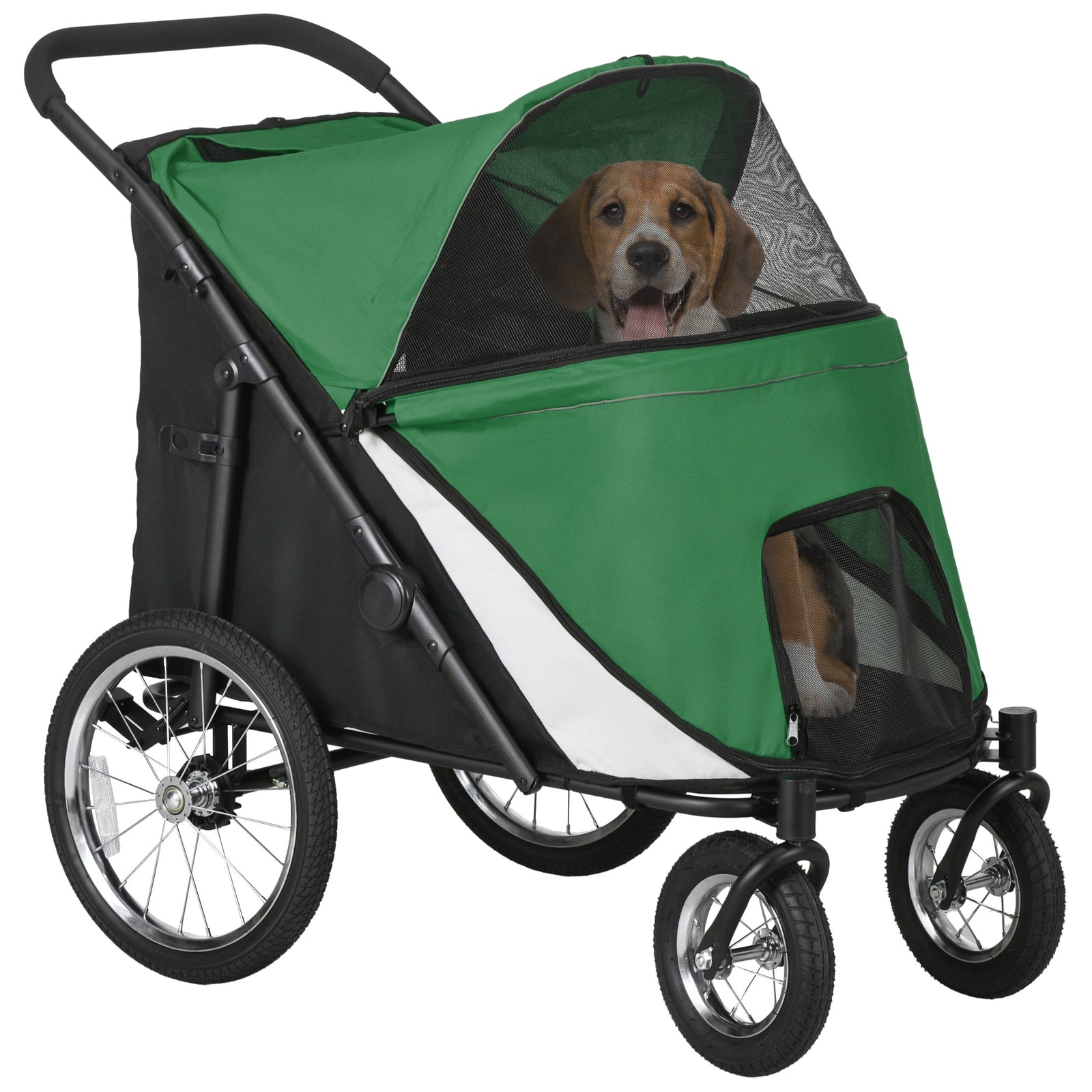 Foldable Pet Stroller, with Washable Cushion, Storage Bags, Safety Leash, for Medium, Large Dogs, Cats - Green