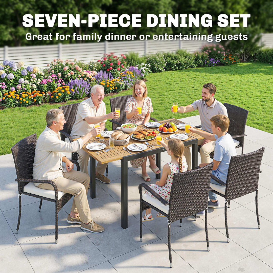 7 Piece Rattan Garden Furniture Set, 6 Seater Garden Table and 6 Stack