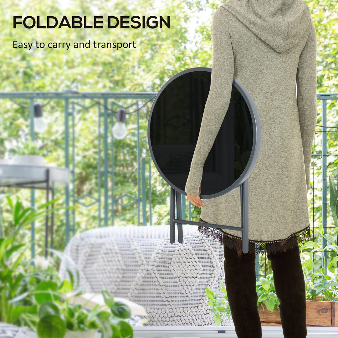 Φ45cm Garden Side Table, Outdoor Round Folding Patio Table with Imitation Marble Glass Top, Small Coffee Table, Black