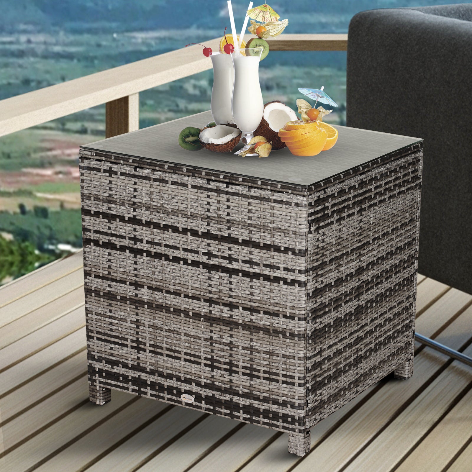 Square PE Rattan Garden Table, with Glass Table Top - Grey
