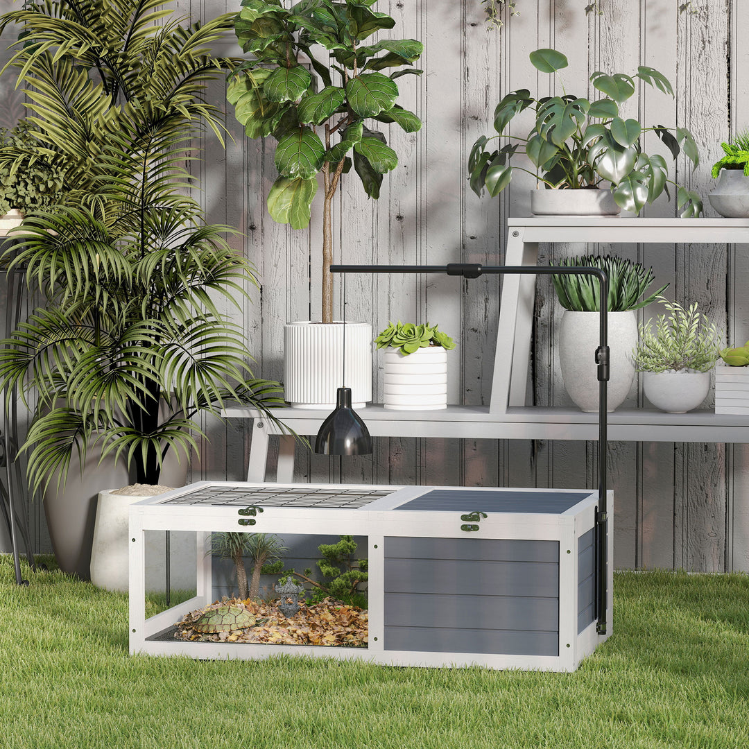 Tortoise Table with Adjustable Lamp Holder, Wooden Tortoise House w/ Openable Lids, Pull-Out Trays - Grey