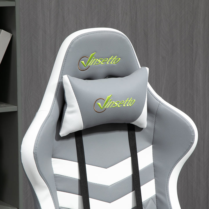 Gaming Chair, Computer Desk Chair with Lumbar Support, Faux Leather Racing Chair with Headrest and Swivel Wheels for Home Office, Grey White