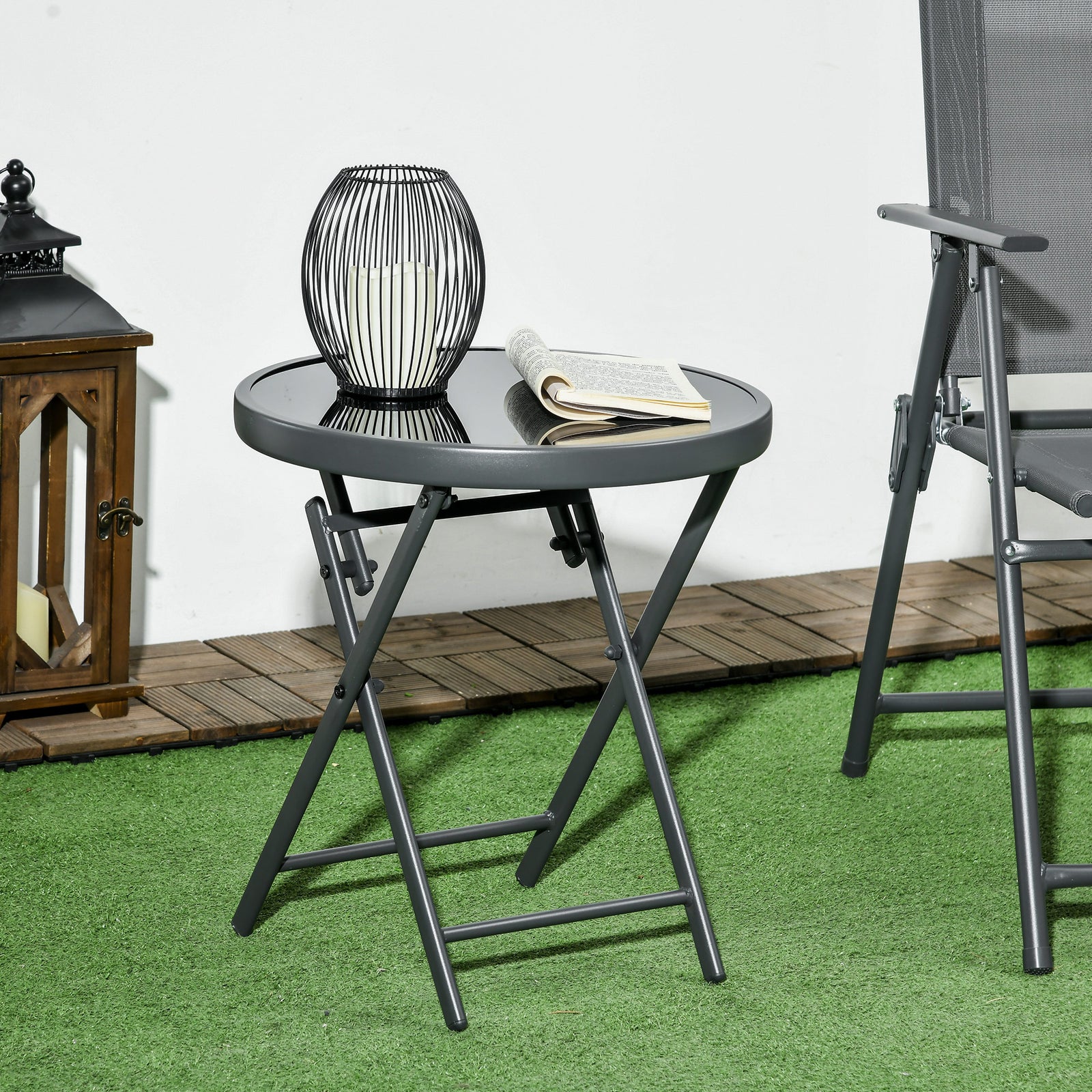 Φ45cm Garden Side Table, Outdoor Round Folding Patio Table with Imitation Marble Glass Top, Small Coffee Table, Black