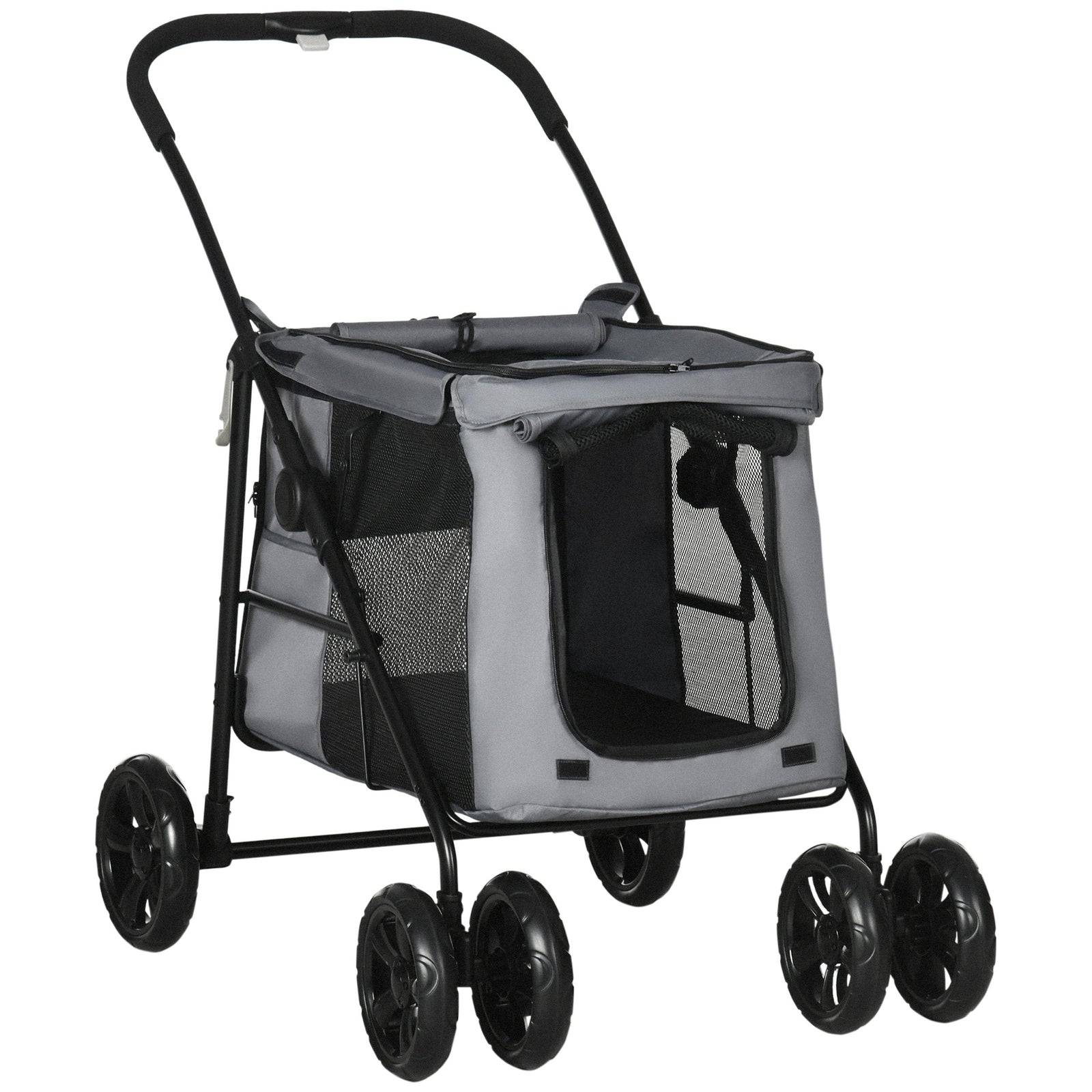 Dog Pram Dog Stroller 4 Wheels Pet Pushchair with Rolling Door, Cushion, Safety Leashes, for Small and Medium Dogs, Grey