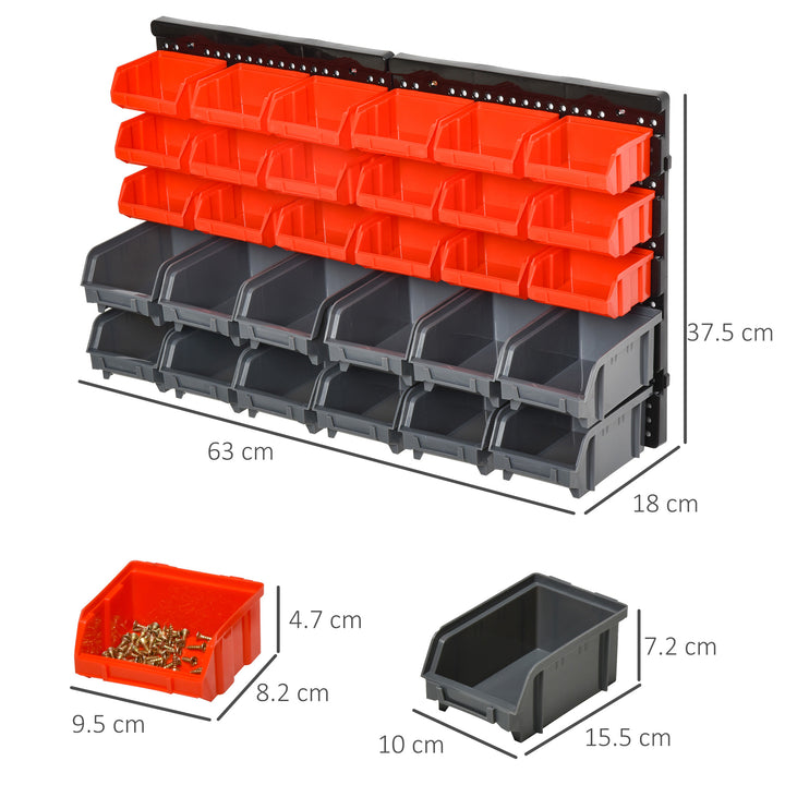 DURHAND Professional Wall Mounted Tool Organiser, 30-Compartment, PP Material, Ideal for Hardware Storage, Red/Grey | Aosom UK