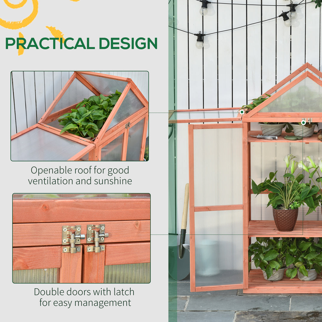 Garden Cold Frame Polycarbonate Greenhouse with Adjustable Shelves, Double Doors, Openable Top Covers, Grow House for Flower Vegetable Plants, 80 x 47 x 138cm, Orange