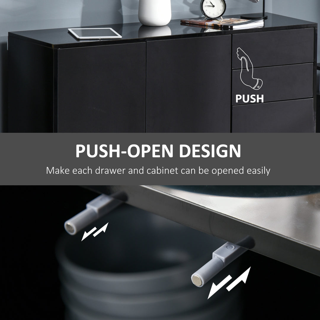 High Gloss Side Cabinet, Push-Open Design with 2 Drawers and 2 Cabinets for Living Room, 74H x 117W x 36Dcm, Black