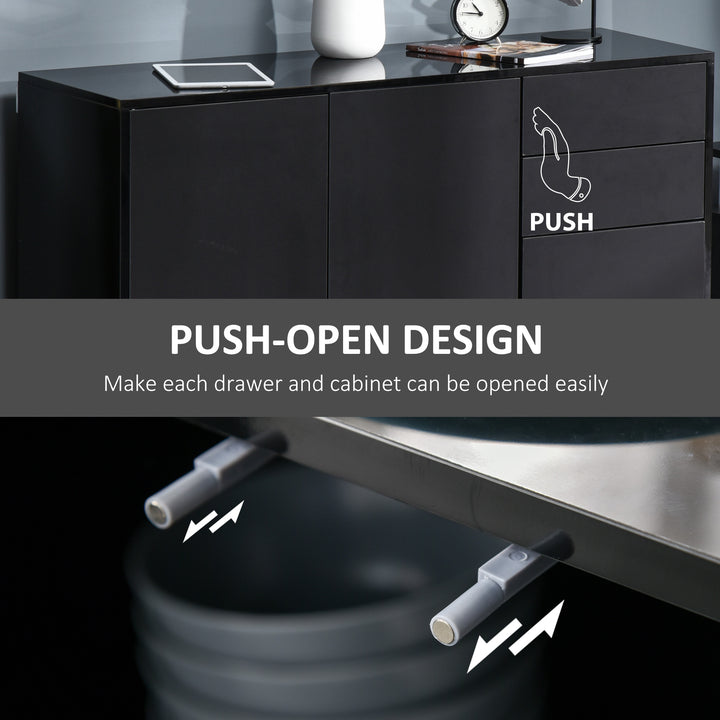 High Gloss Side Cabinet, Push-Open Design with 2 Drawers and 2 Cabinets for Living Room, 74H x 117W x 36Dcm, Black