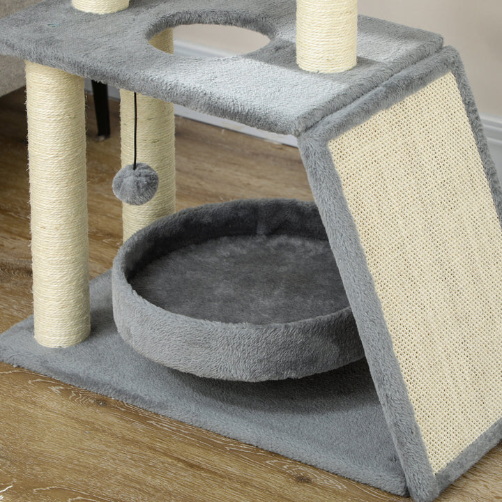 PawHut Cat Tree Tower: Scratching Posts, Cosy Bed & Perch, Interactive Ball Toy for Feline Fun, Light Grey | Aosom UK