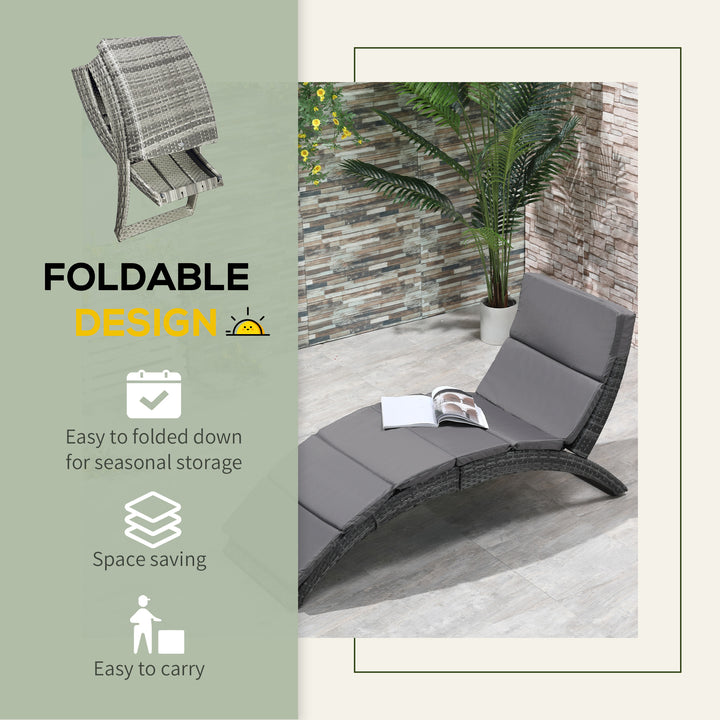 Outdoor Foldable PE Rattan Sun Lounger with Soft Padded Cushion, Ergonomic Curved Design Sun Bed for Balcony, Garden, Grey