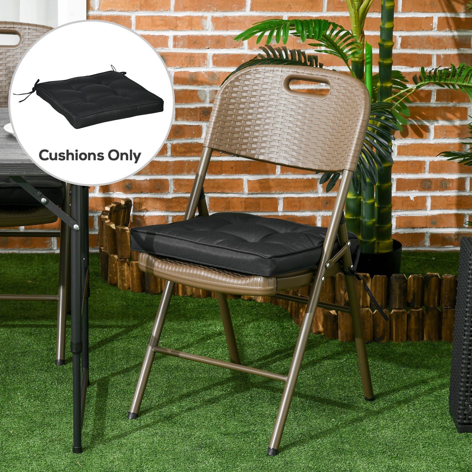 Set of 4 Garden Seat Cushion with Ties, 42 x 42cm Replacement Dining Chair Seat Pad, Black