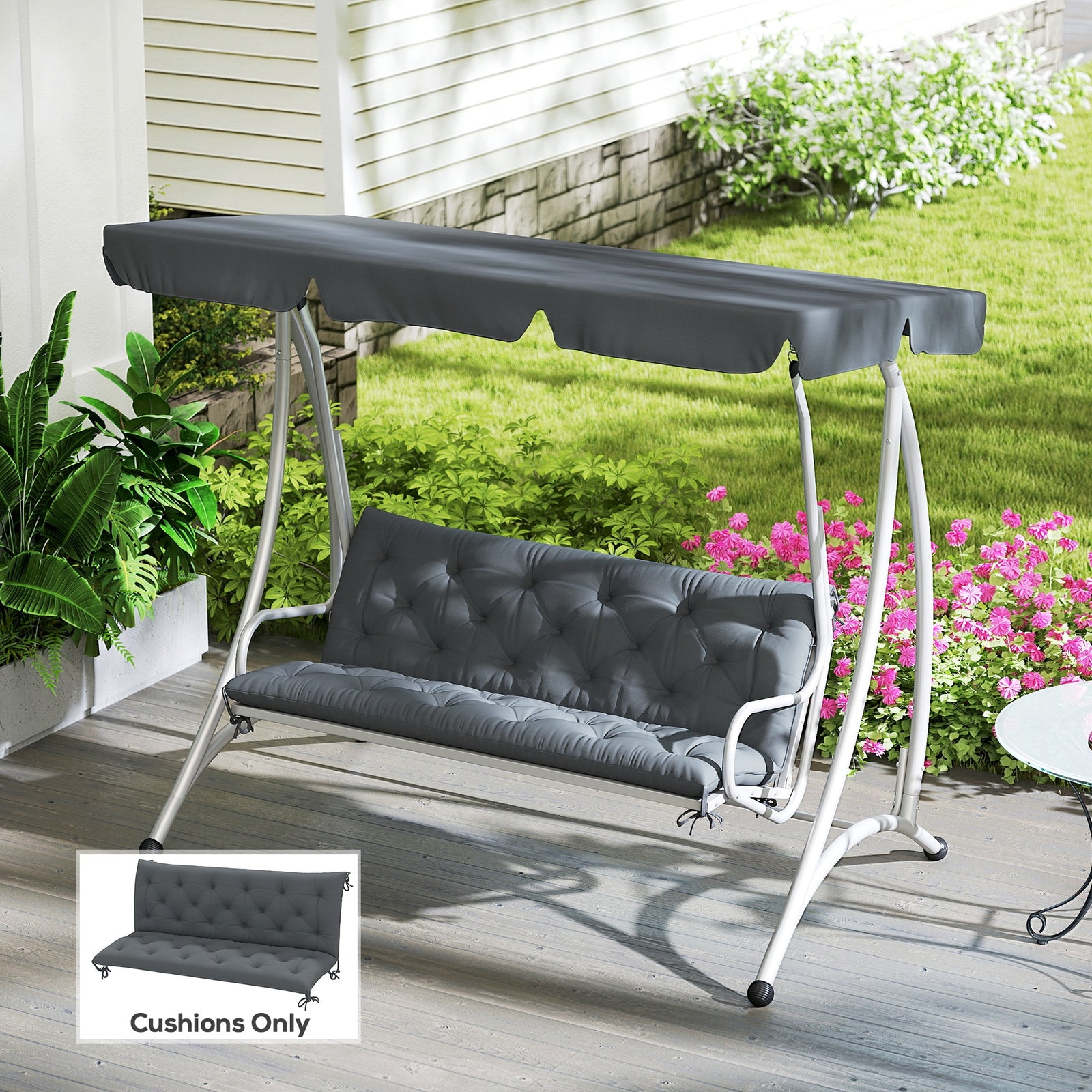 3 Seater Bench Cushion, Garden Chair Cushion with Back and Ties for Indoor and Outdoor Use, 98 x 150 cm, Dark Grey