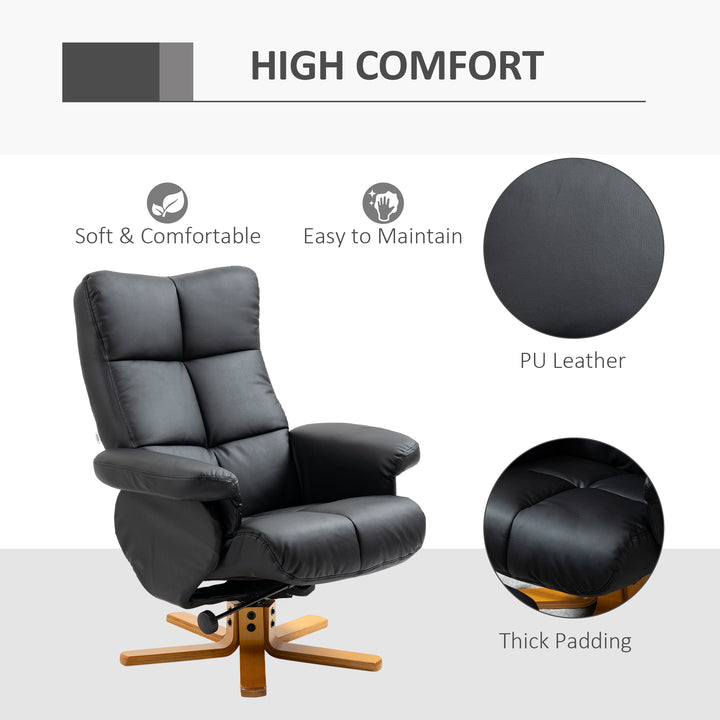 Recliner Armchair, Swivel Reclining Chair With Ottoman, Swivel Faux Leather Chair with Wooden Base and Storage Footstool for Living Room, Black