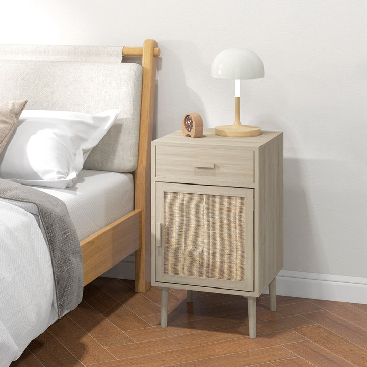 Bedside Table Set of 2, Rattan Side Tables with Drawer, Cabinet and Adjustable Shelf, Boho Bedside Cabinet with Storage for Bedroom, Living Room, Natural Wood Effect