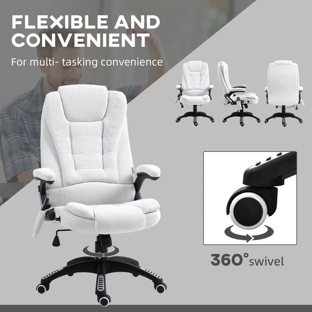 Massage Recliner Chair Heated Office Chair with Six Massage Points Linen-Feel Fabric 360° Swivel Wheels Cream White