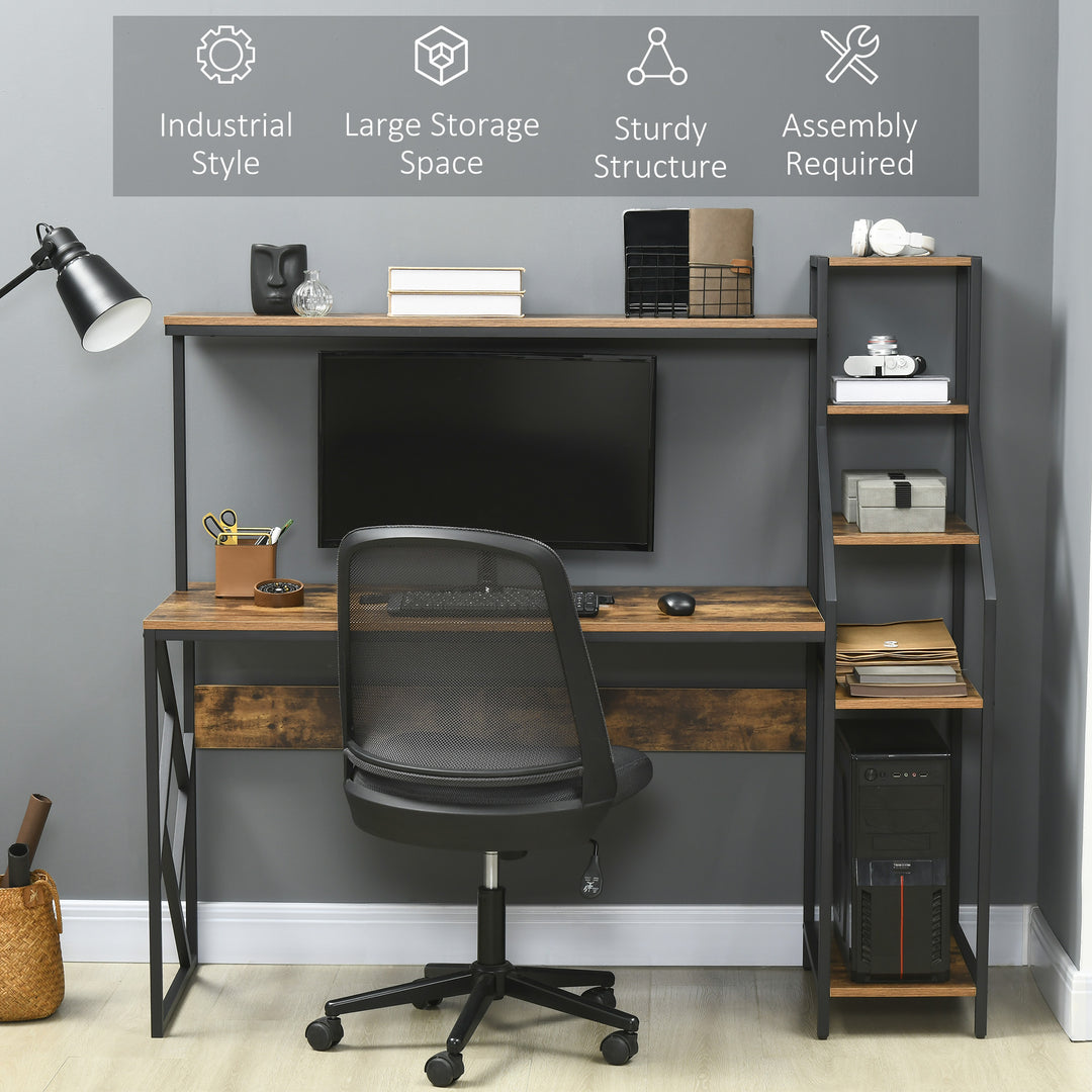 Computer Desk with Bookshelf, Industrial Writing Table with 6 Tier Storage Shelves for Home Office, Bedroom, Study, 150 x 55 x 138cm, Rustic Brown