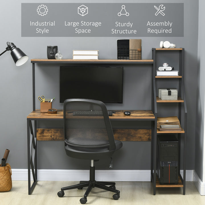Computer Desk with Bookshelf, Industrial Writing Table with 6 Tier Storage Shelves for Home Office, Bedroom, Study, 150 x 55 x 138cm, Rustic Brown