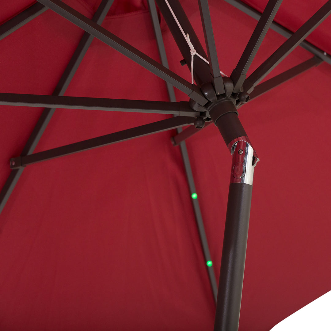 Φ2.7m Garden 24 LED Light Parasol Solar Outdoor Tilt Sun Umbrella Patio Club Party Event Manual Sun Shade w/ Hand Crank and 8 Ribs, Red