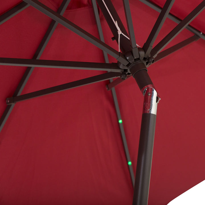 Φ2.7m Garden 24 LED Light Parasol Solar Outdoor Tilt Sun Umbrella Patio Club Party Event Manual Sun Shade w/ Hand Crank and 8 Ribs, Red