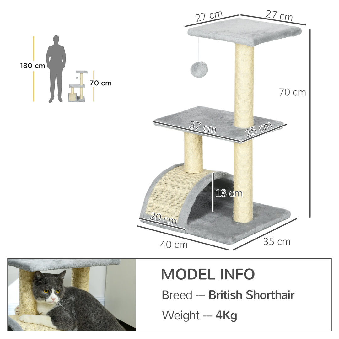 PawHut Compact Cat Tree for Indoor Use, Multi-Level with Sisal Scratching Posts, Cushioned Platform, Hanging Ball, Light Grey | Aosom UK