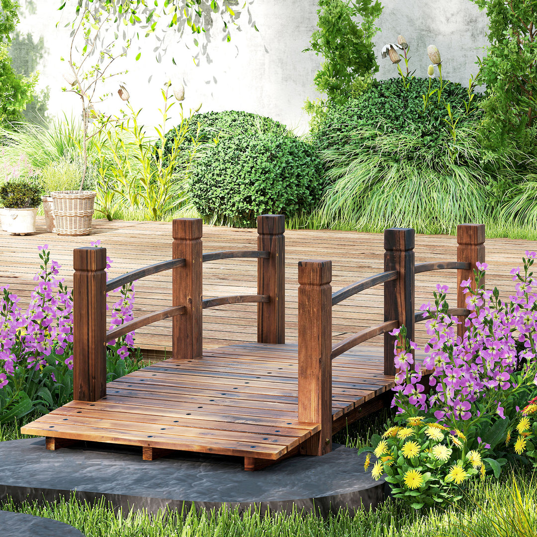 1.5M Wooden Garden Bridge Lawn Décor Stained Finish Arc Outdoor Pond Walkway w/ Railings Water Yard Decoration