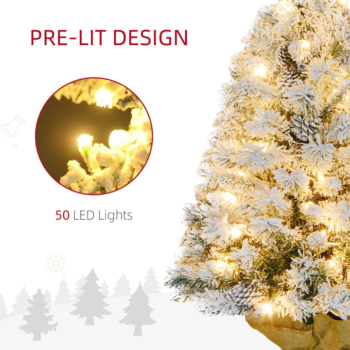 HOMCOM 3ft Prelit Artificial Christmas Tree with Warm White LED Light and 133 Tips, Concrete Base, Flocked Xmas Tree with Pine Cones, Green