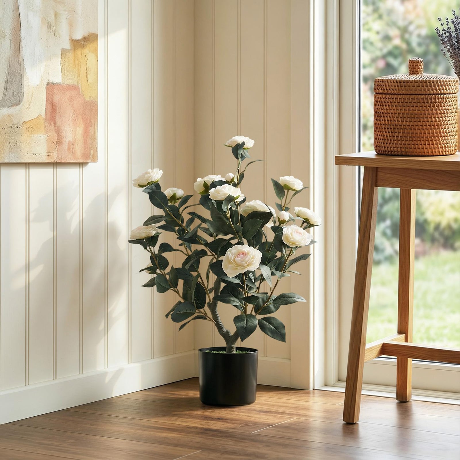 65cm Artificial Camellia Flower Plant in Pot with 116 Lush Leaves & Mo