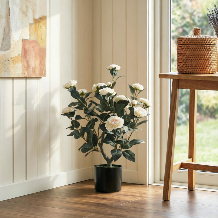 65cm Artificial Camellia Flower Plant in Pot with 116 Lush Leaves &amp; Moss Effect