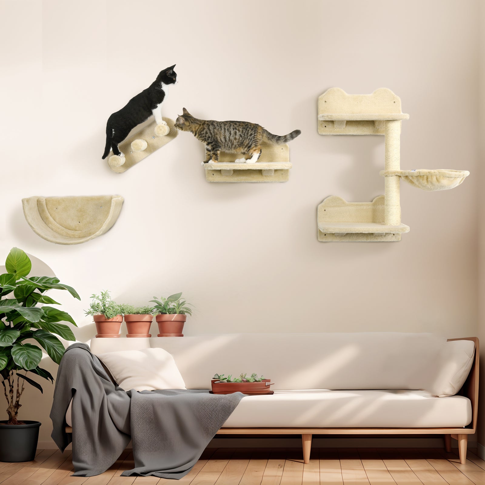 4PCs Wall-Mounted Cat Shelves w/ Scratching Post, Hammock, Nest - Beige