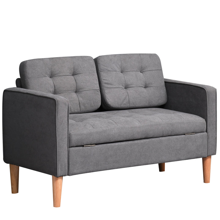 HOMCOM Modern 2 Seater Sofa with Hidden Storage, 117cm Tufted Cotton Couch, Compact Loveseat Sofa with Wood Legs, Grey