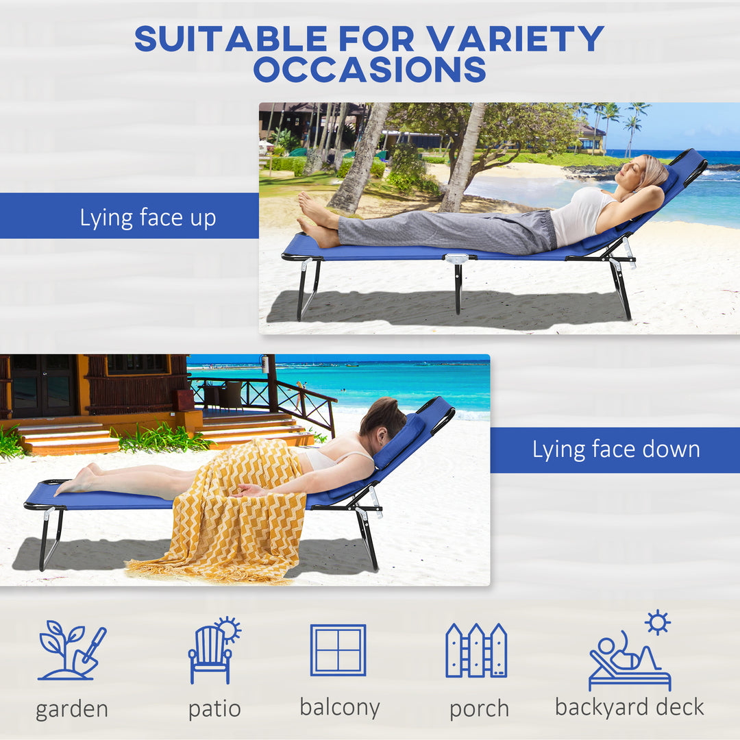 Outdoor Folding Sun Lounger Set of 2 with Face Hole, 4 Level Adjustable Backrest Reclining Garden Lounger, Garden Recliner Sunbed with 600 D Oxford Cloth Seat and Pillow for Beach, Blue