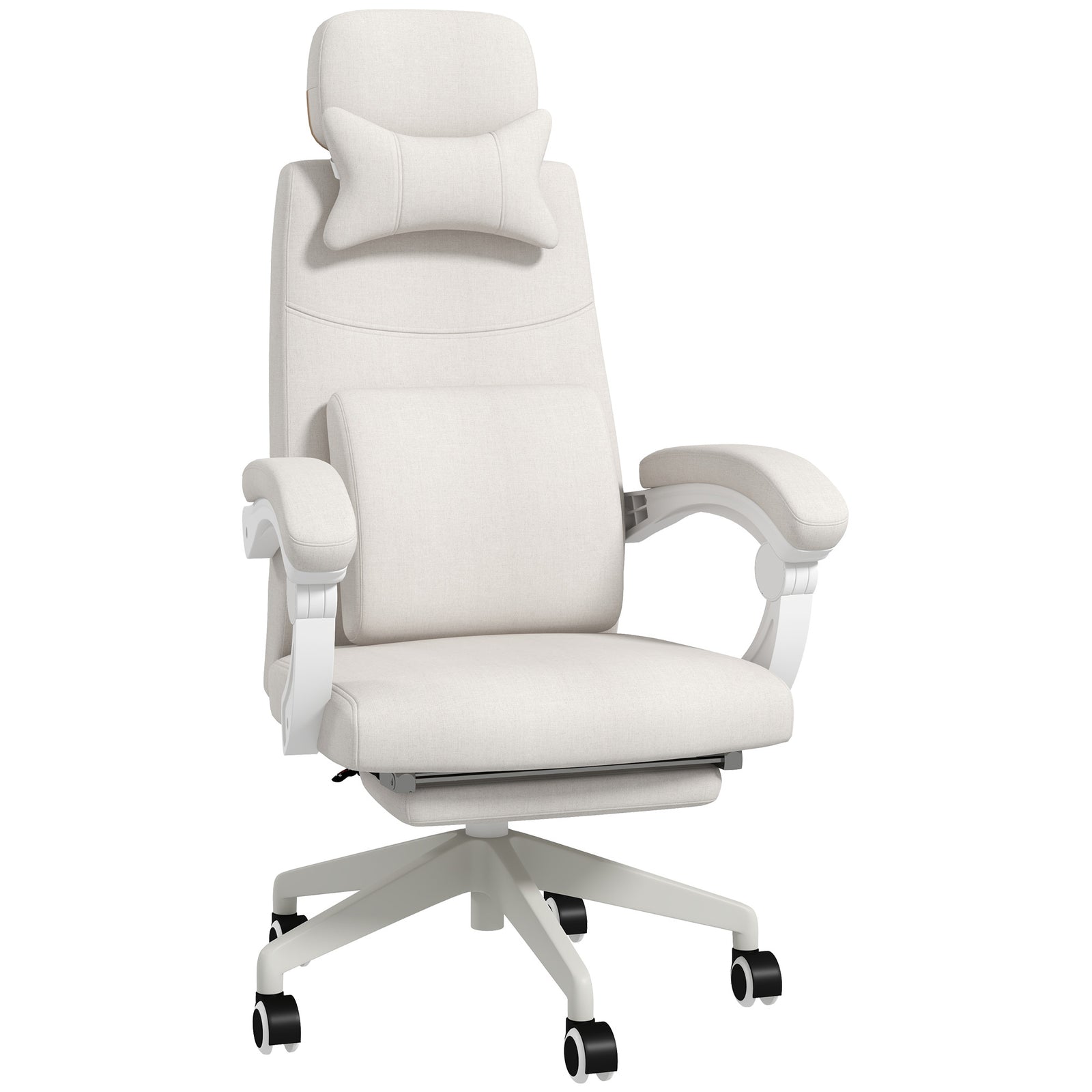 Linen-Look Office Chair, with 160° Reclining Back and Footrest - White