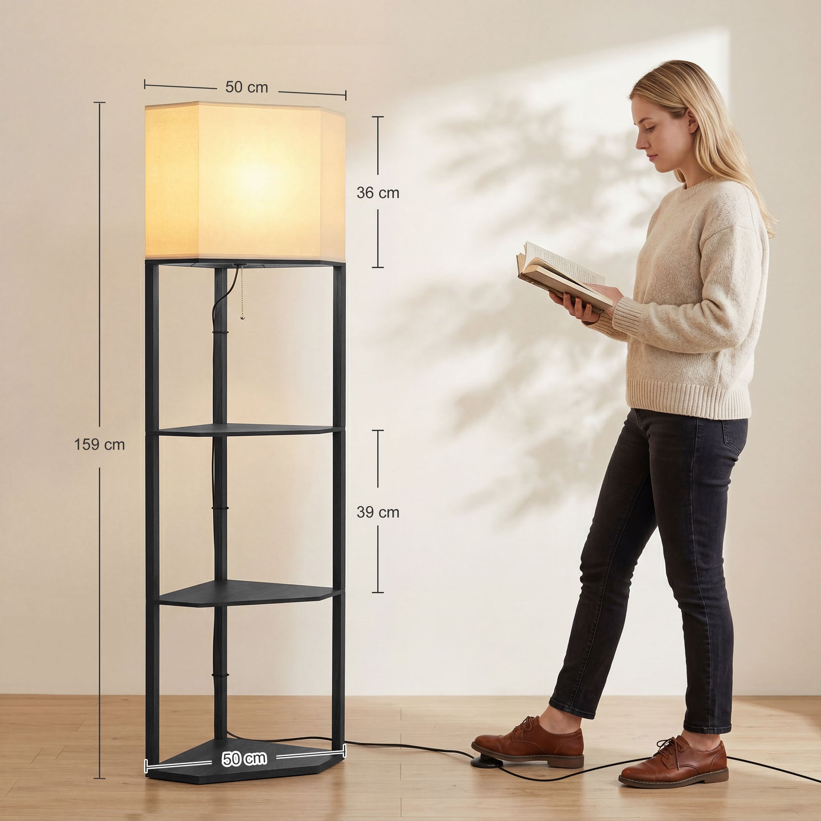 Corner Floor Lamp with Shelves and Lights, Modern Dimmable Standing La