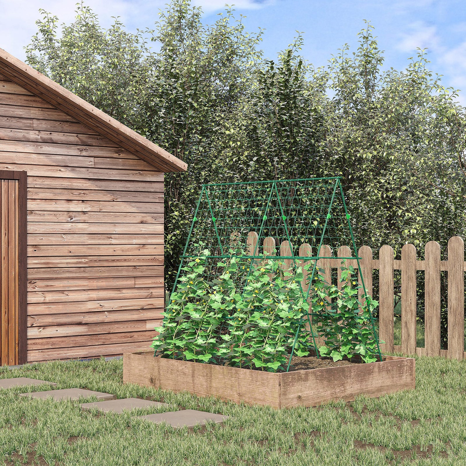 Garden Cucumber Trellis for Climbing Plants, A-Frame Trellis Plant Support with Climbing Net, DIY Adjustable Cucumber Support Frame for Raised Bed, Vegetables, Flowers, Fruit, Green